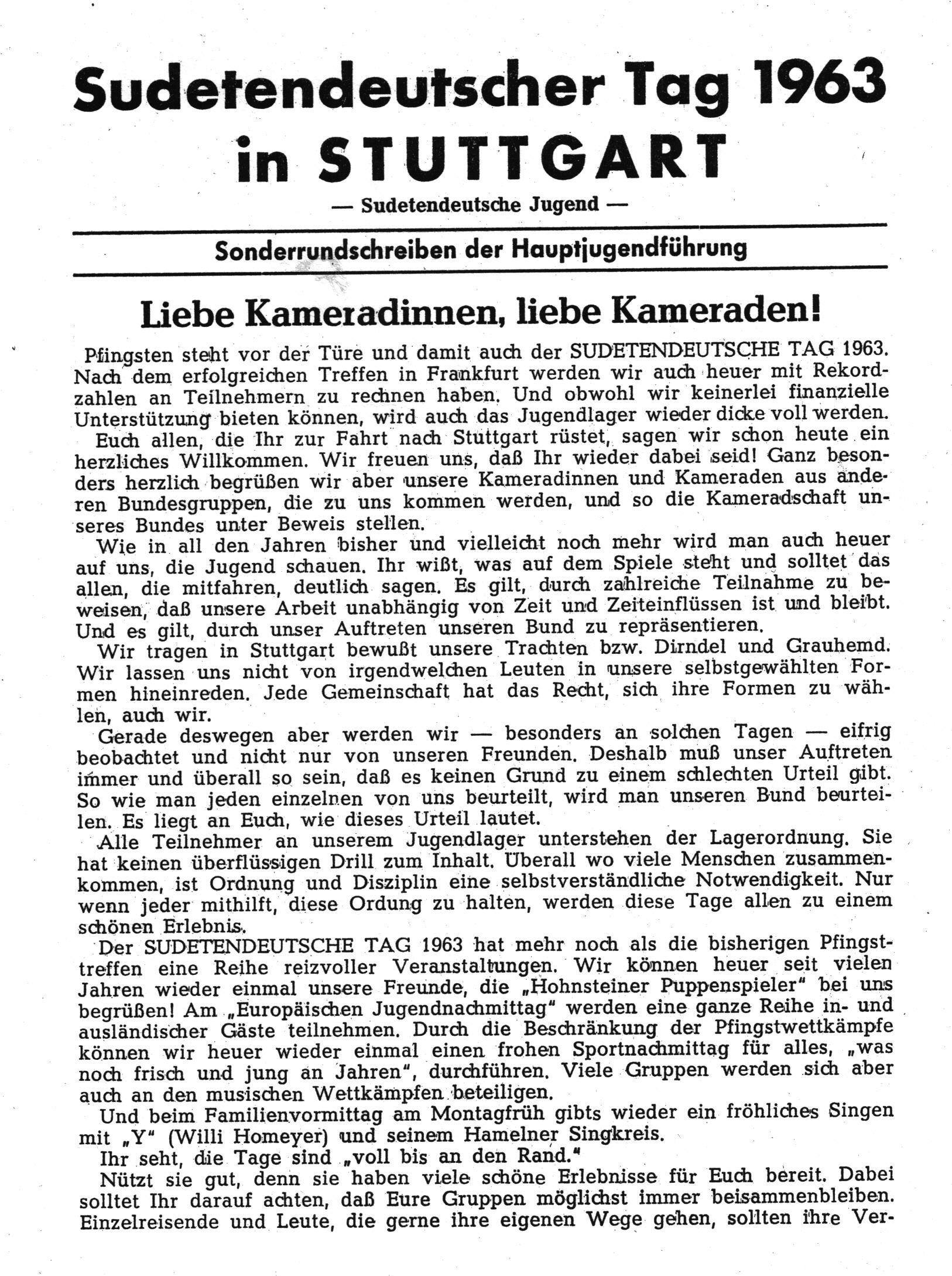 Sonderrundschreiben zum Sudetendeutschen Tag 1963